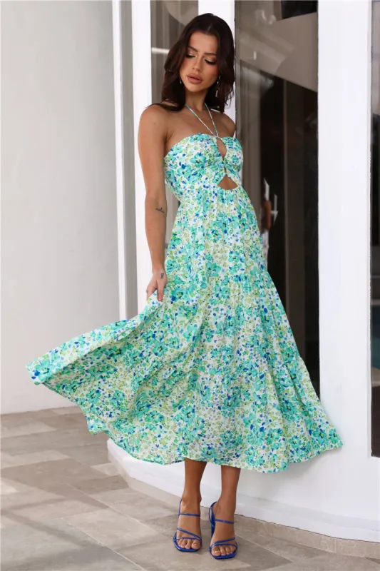 Surprise Garden Party Halter Neck Maxi Dress Green sold by Hello Molly