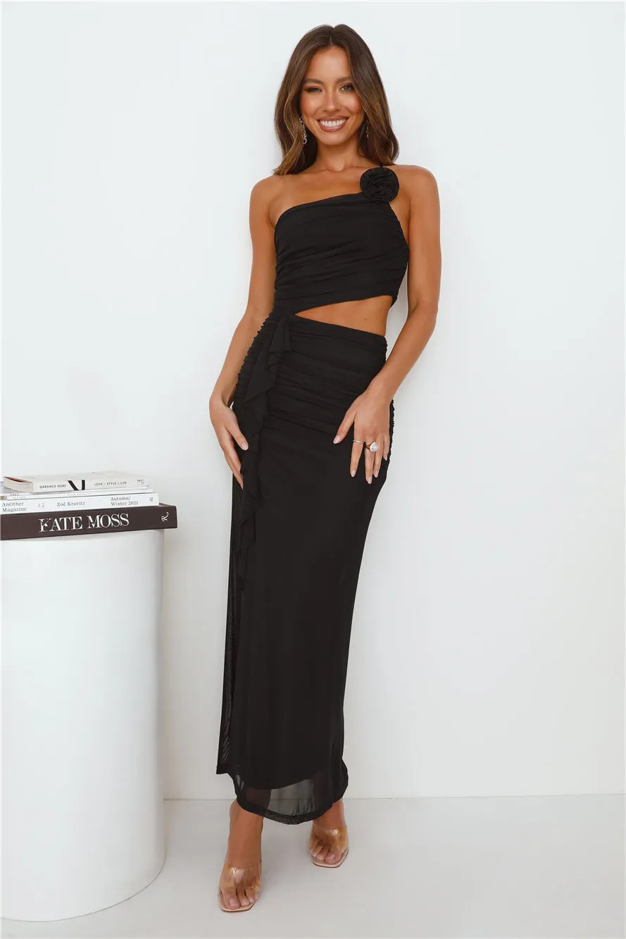 Another Party One Shoulder Mesh Maxi Dress Black sold by Hello Molly