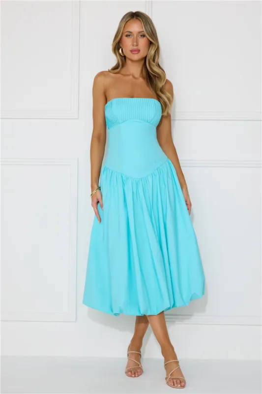 Adelaide Strapless Bubble Midi Dress Blue sold by Hello Molly