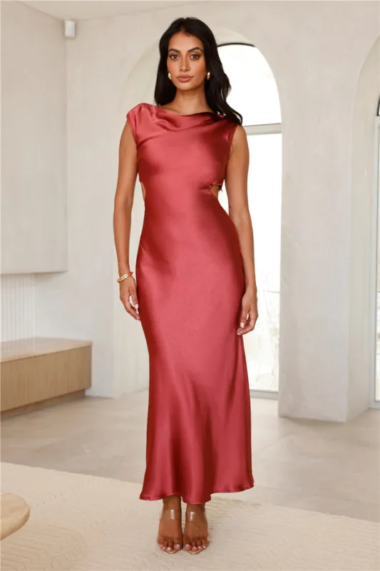 Luxe Destinations Satin Maxi Dress Rust sold by Hello Molly