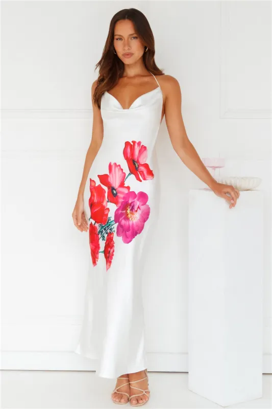 Rebellious Rose Halter Satin Maxi Dress White sold by Hello Molly