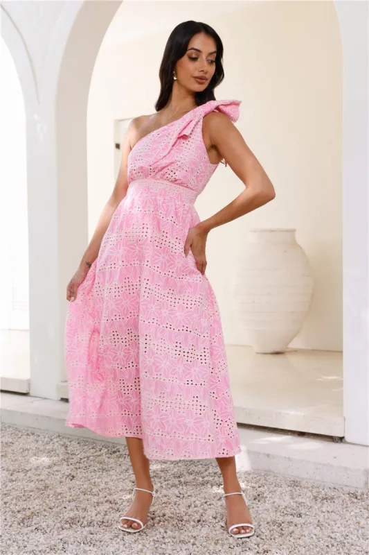 Springtime Chic One Shoulder Midi Dress Pink sold by Hello Molly