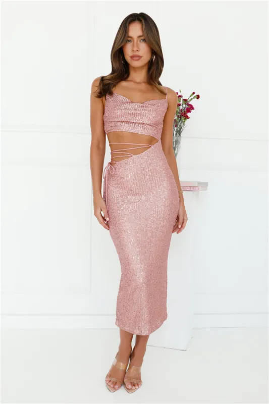 Shimmer Shores Sequin Midi Dress Pink sold by Hello Molly