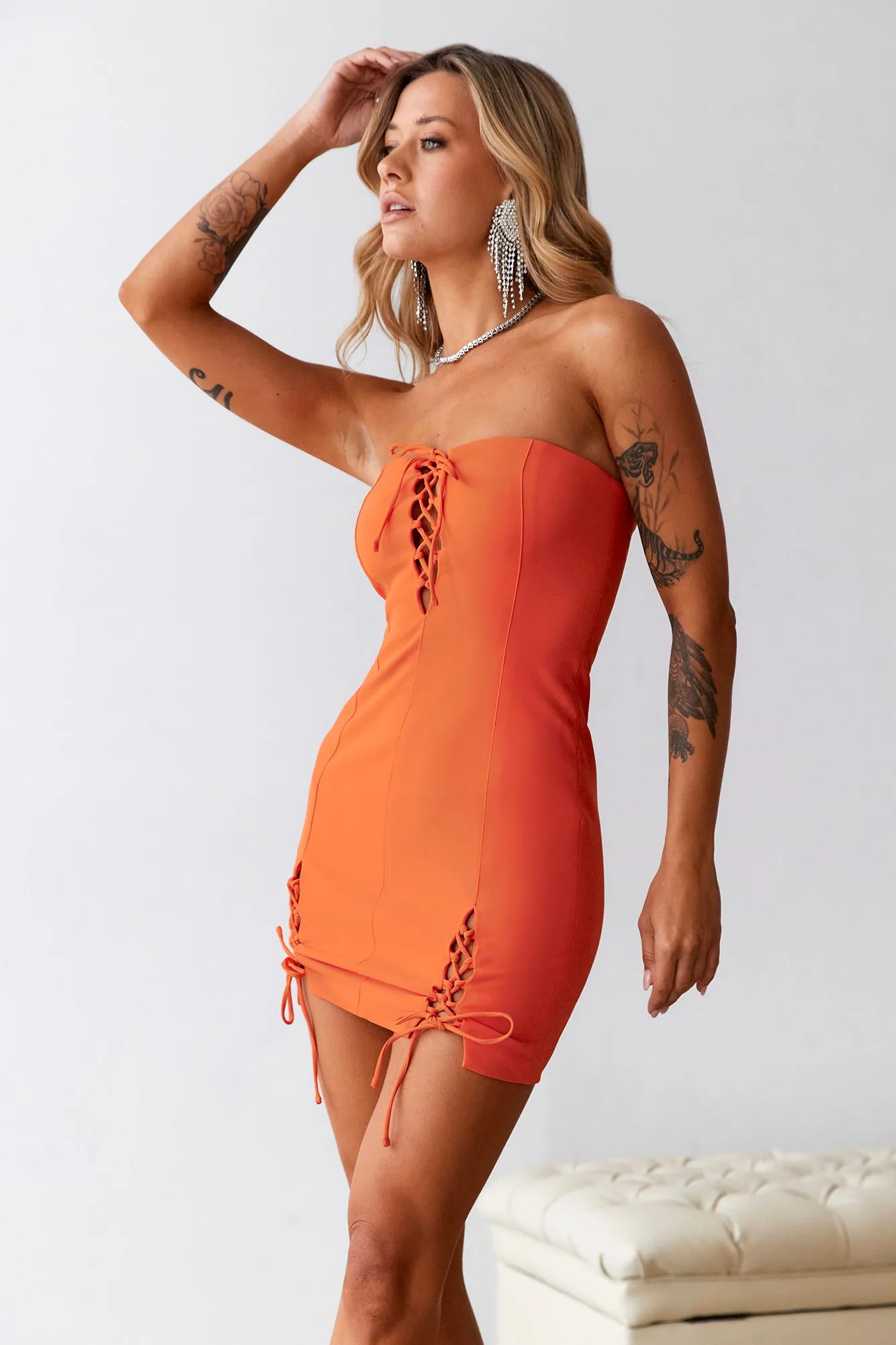 HELLO MOLLY Calabasas Mini Bodycon Dress Tangerine sold by Hello Molly product image thumbnail 3