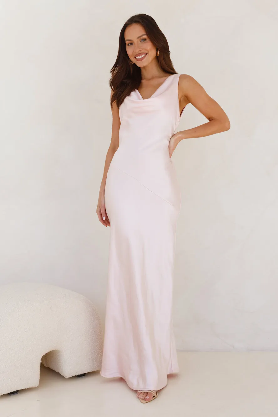 Seen For You Cowl Neck Satin Maxi Dress Pink sold by Hello Molly