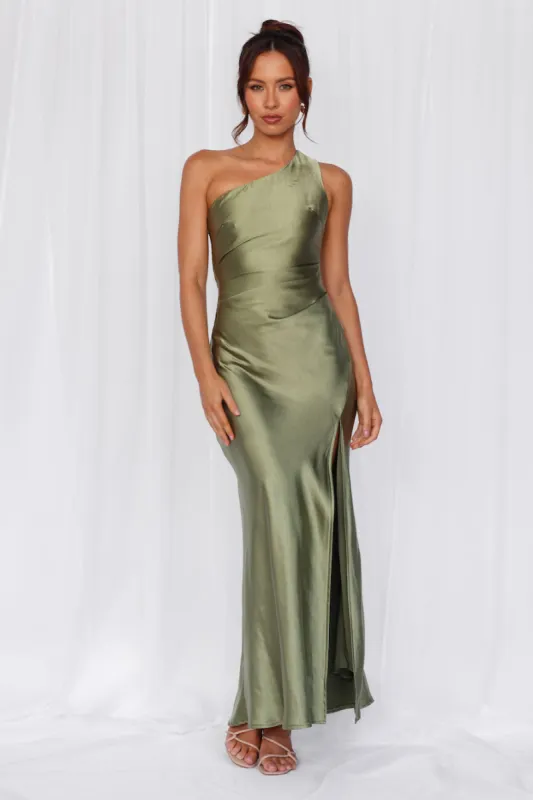 HELLO MOLLY The Aurora One Shoulder Satin Maxi Dress Olive sold by Hello Molly