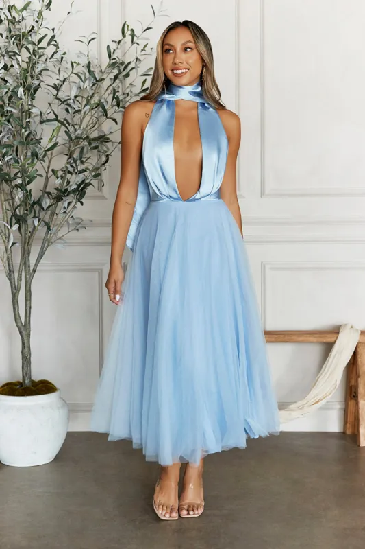 Highest Level Satin Tulle Midi Dress Blue sold by Hello Molly