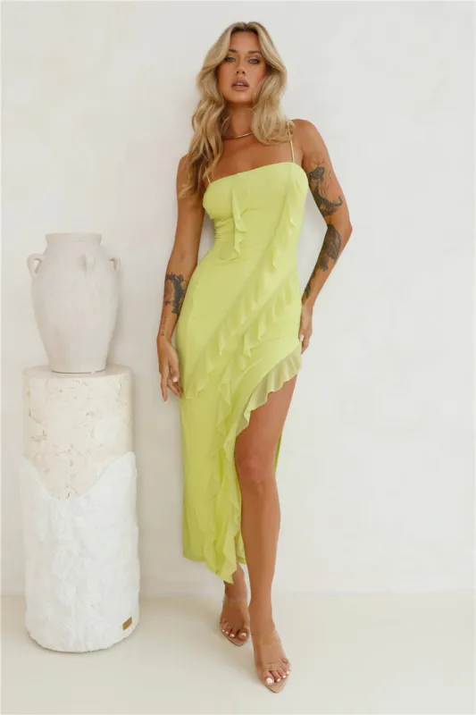 Gleaming Days Mesh Frill Maxi Dress Lime sold by Hello Molly
