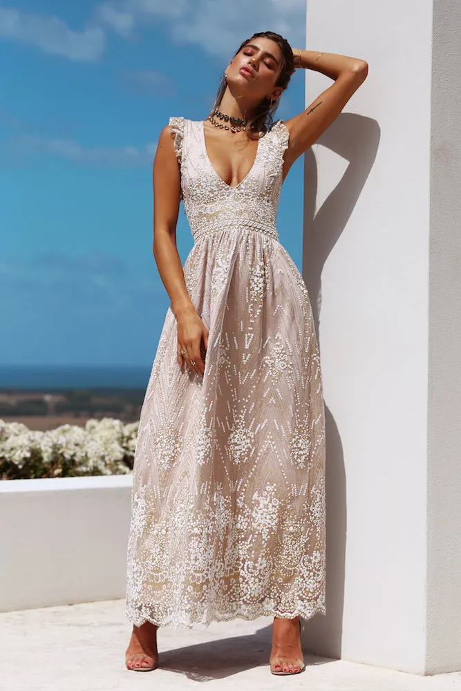 Gold On The Ceiling Maxi Dress Champagne sold by Hello Molly