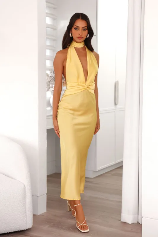 Beauty Of The Night Halter Satin Maxi Dress Yellow sold by Hello Molly