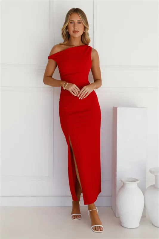 Move Me Off Shoulder Maxi Dress Red sold by Hello Molly