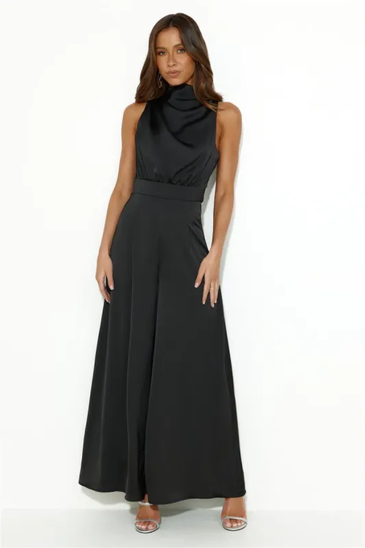 Ready Set Style Satin Jumpsuit Black sold by Hello Molly