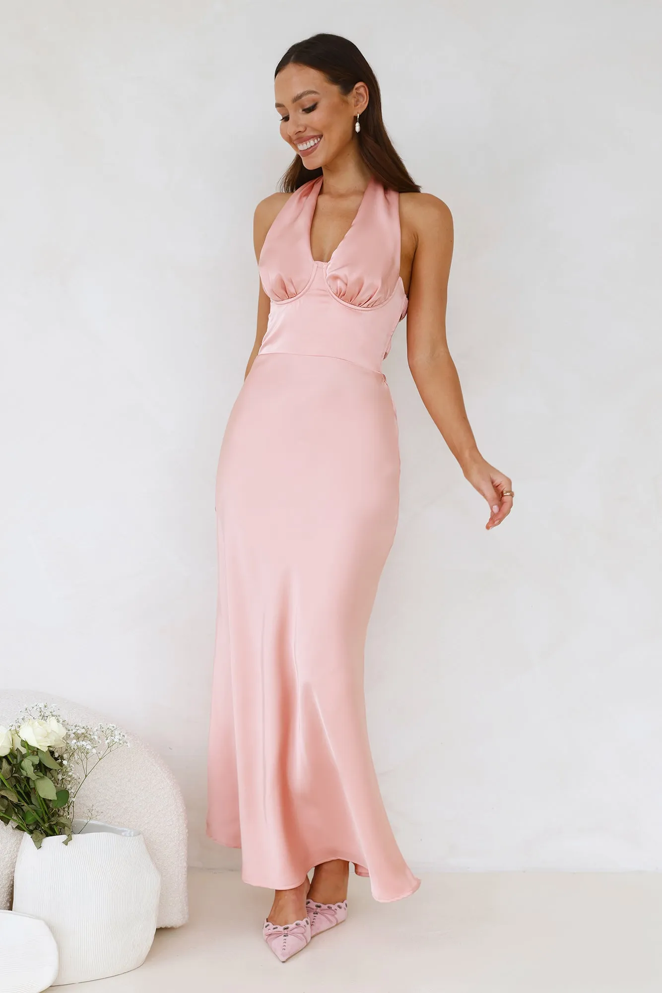 Socialite Events Halter Satin Maxi Dress Peach sold by Hello Molly product image thumbnail 4