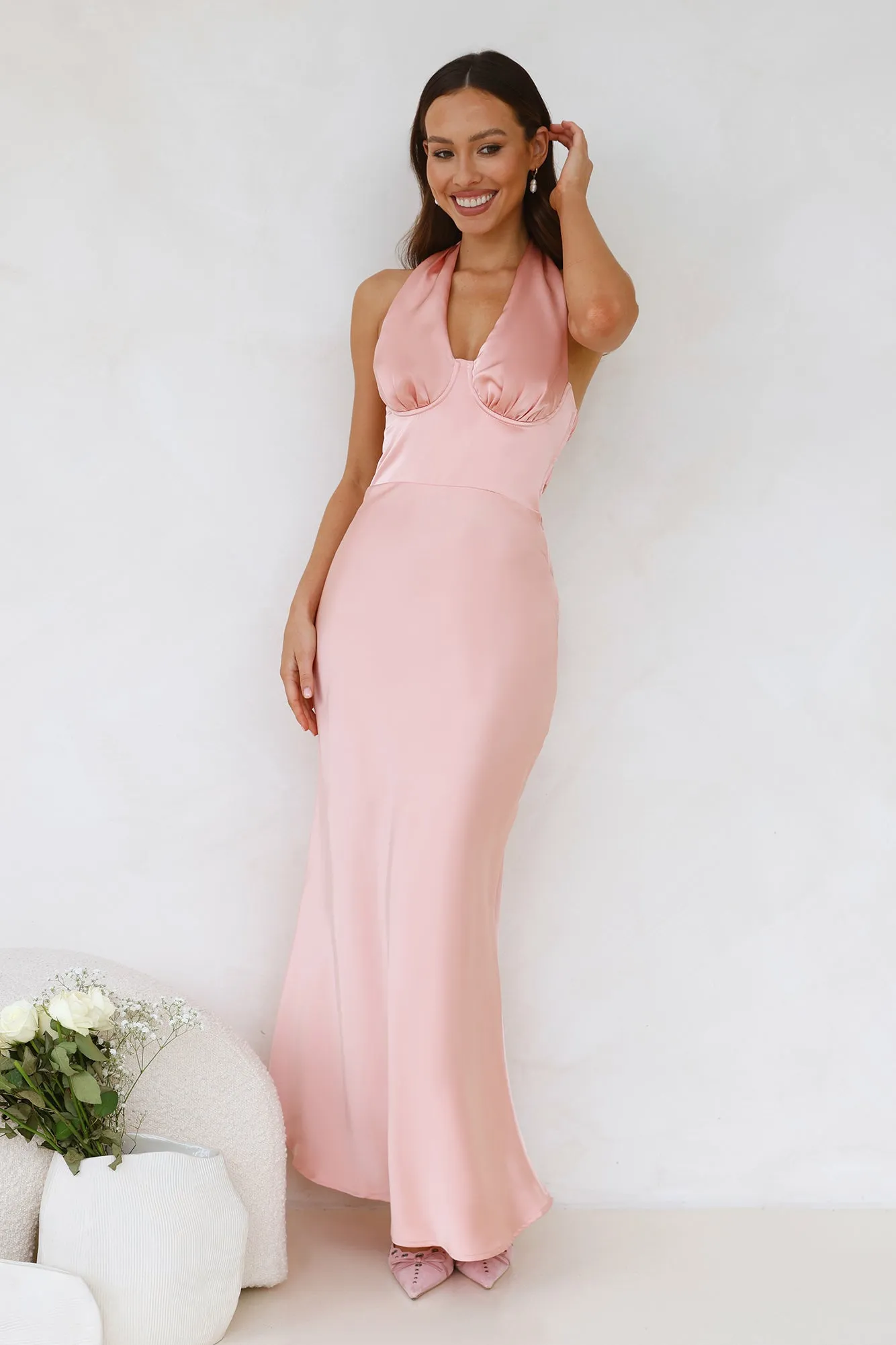Socialite Events Halter Satin Maxi Dress Peach sold by Hello Molly
