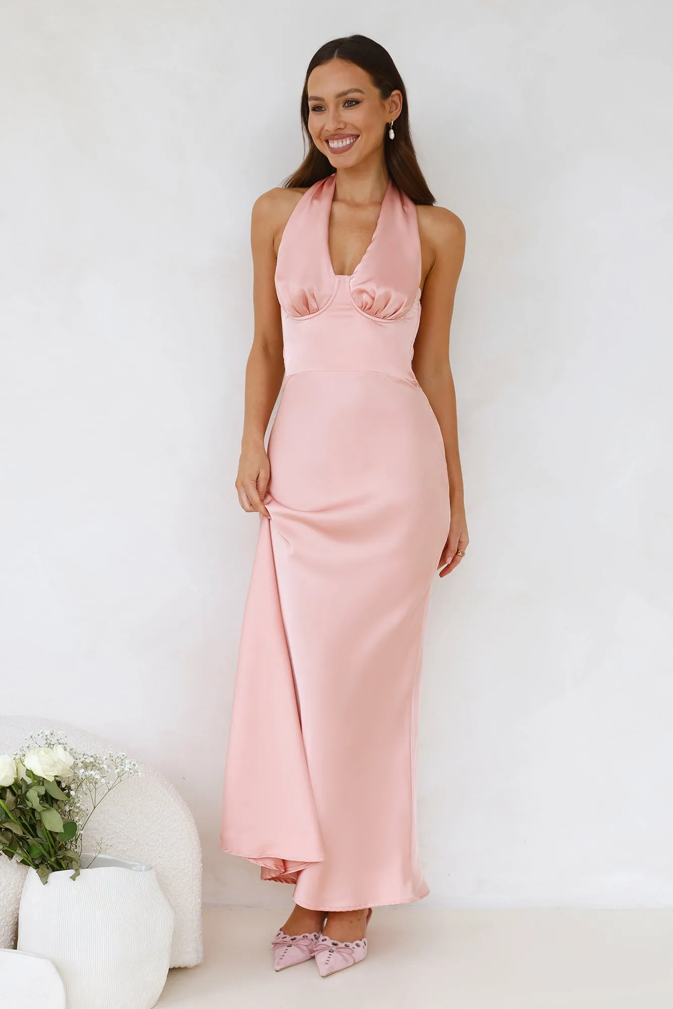 Socialite Events Halter Satin Maxi Dress Peach sold by Hello Molly product image thumbnail 2