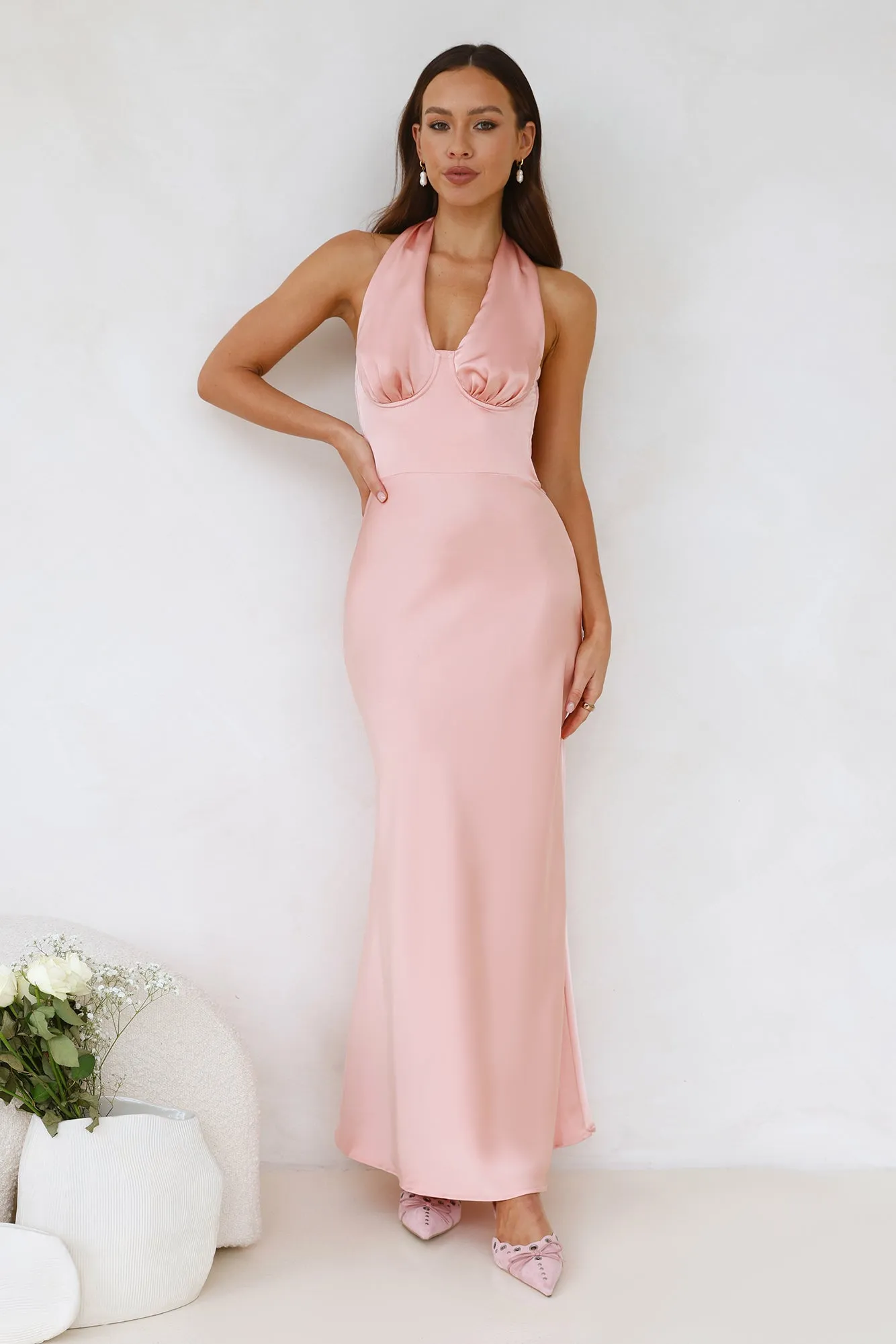 Socialite Events Halter Satin Maxi Dress Peach sold by Hello Molly product image thumbnail 3