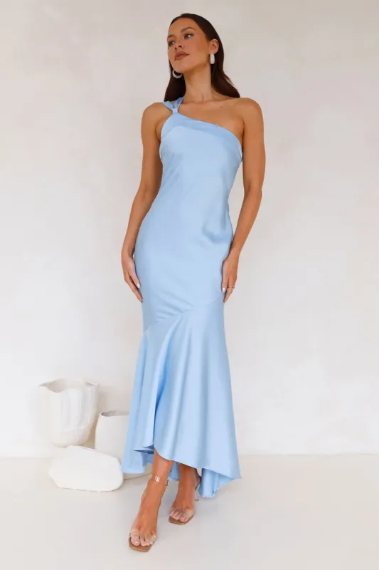 Romantic Affair Satin One Shoulder Maxi Dress Blue sold by Hello Molly