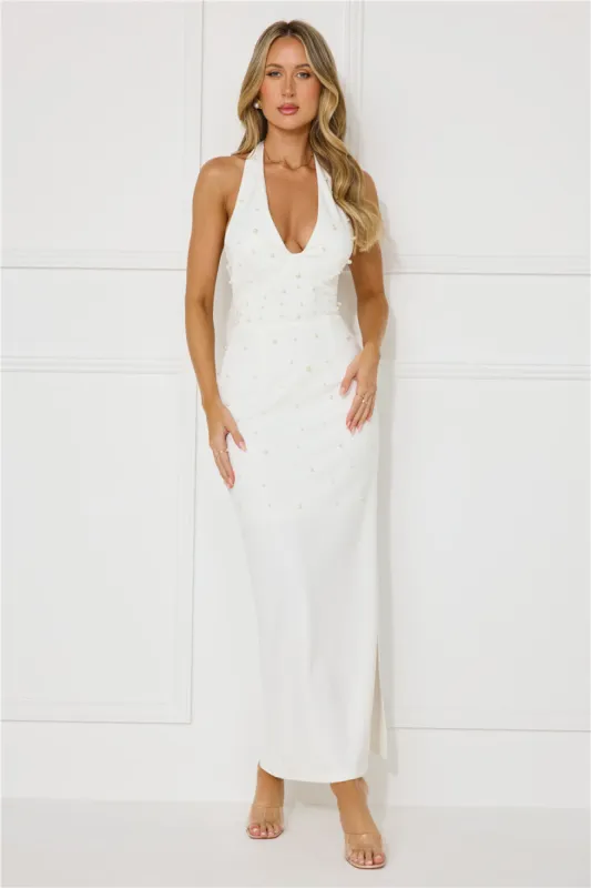 Ocean Beauty Halter Pearl Maxi Dress White sold by Hello Molly