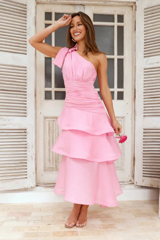 Events In The Garden One Shoulder Midi Dress Pink sold by Hello Molly