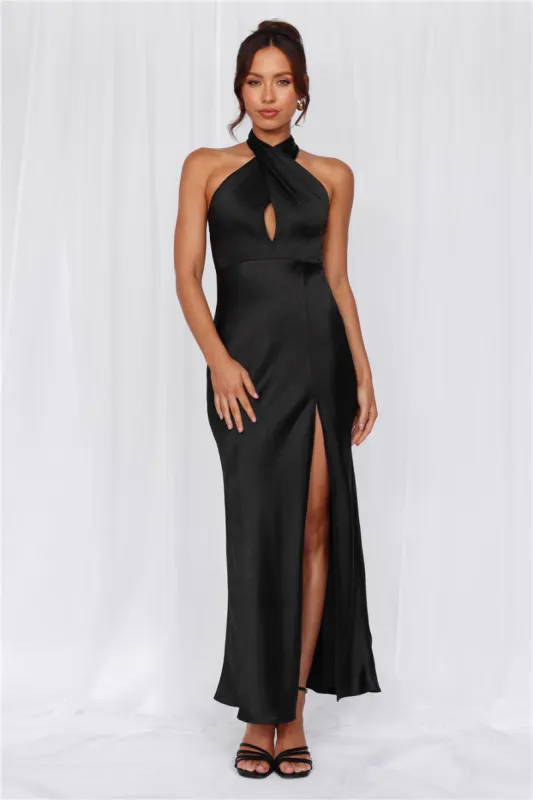 HELLO MOLLY The Adeline Halter Satin Maxi Dress Black sold by Hello Molly