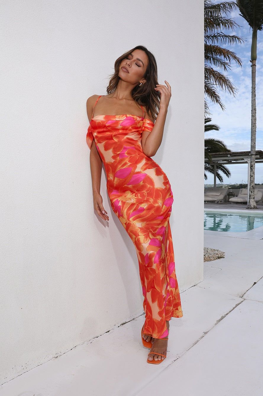 Blooming Version Satin Maxi Dress Orange sold by Hello Molly product image thumbnail 4