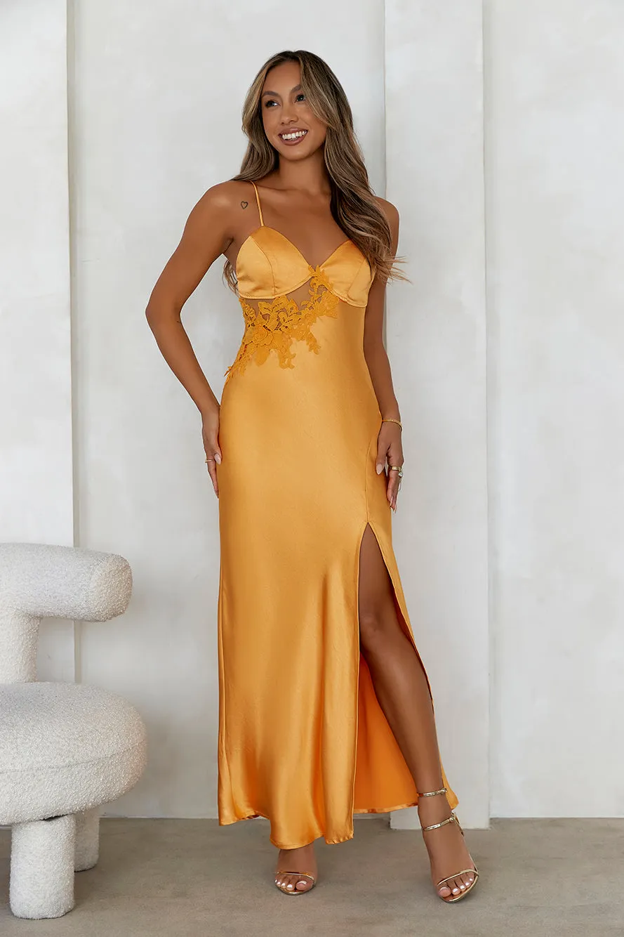 Goddess Of Dawn Satin Maxi Dress Orange sold by Hello Molly