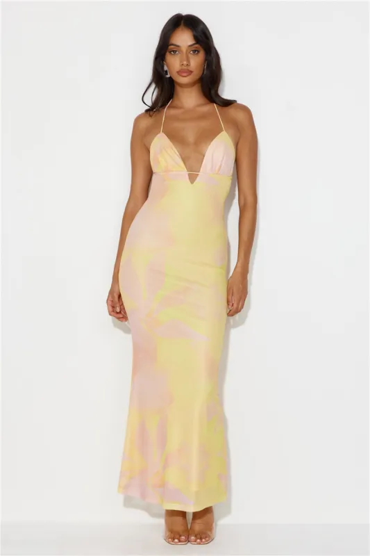 Charming Evening Halter Mesh Maxi Dress Yellow sold by Hello Molly