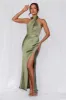 HELLO MOLLY The Adeline Halter Satin Maxi Dress Olive sold by Hello Molly