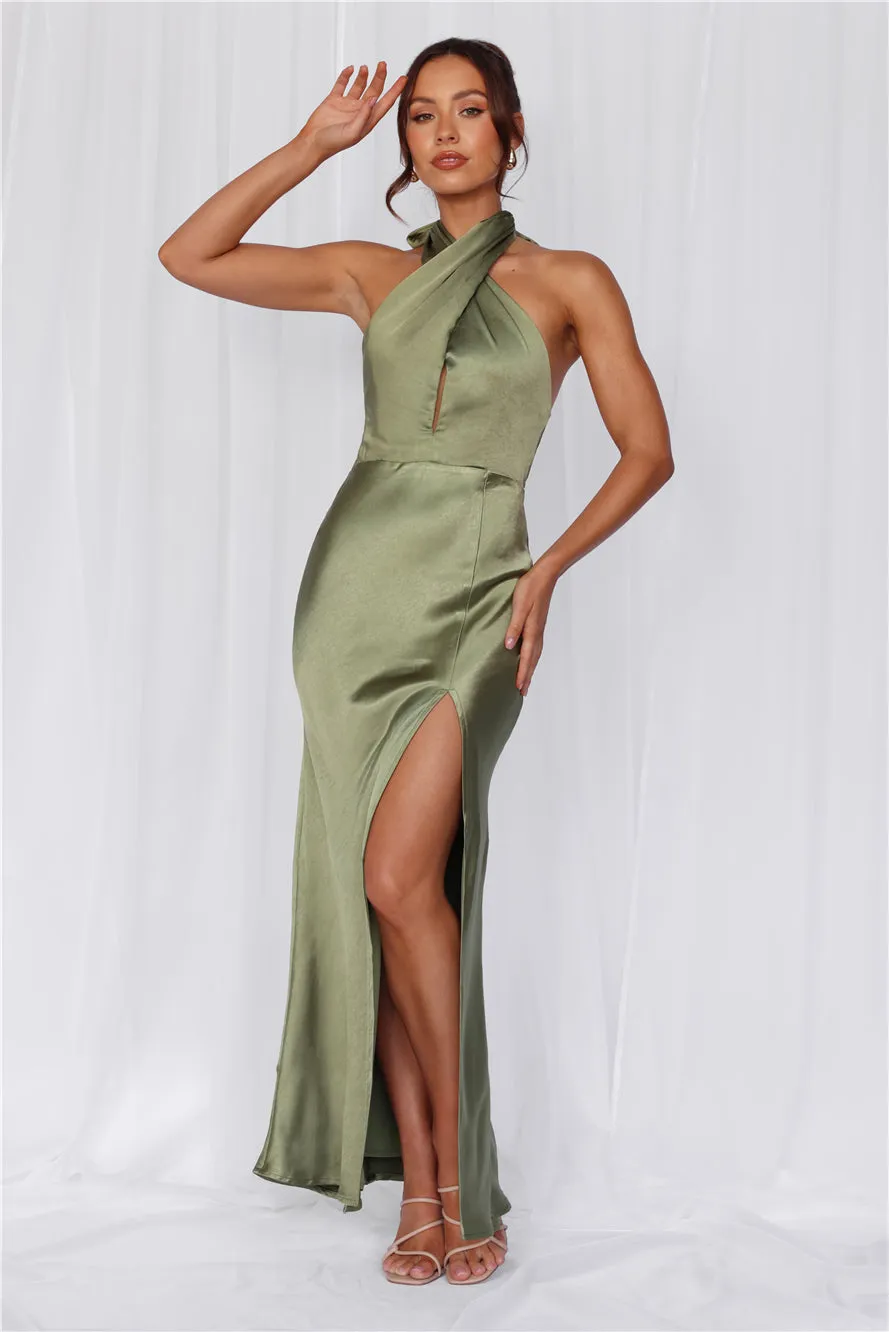 HELLO MOLLY The Adeline Halter Satin Maxi Dress Olive sold by Hello Molly product image thumbnail 3