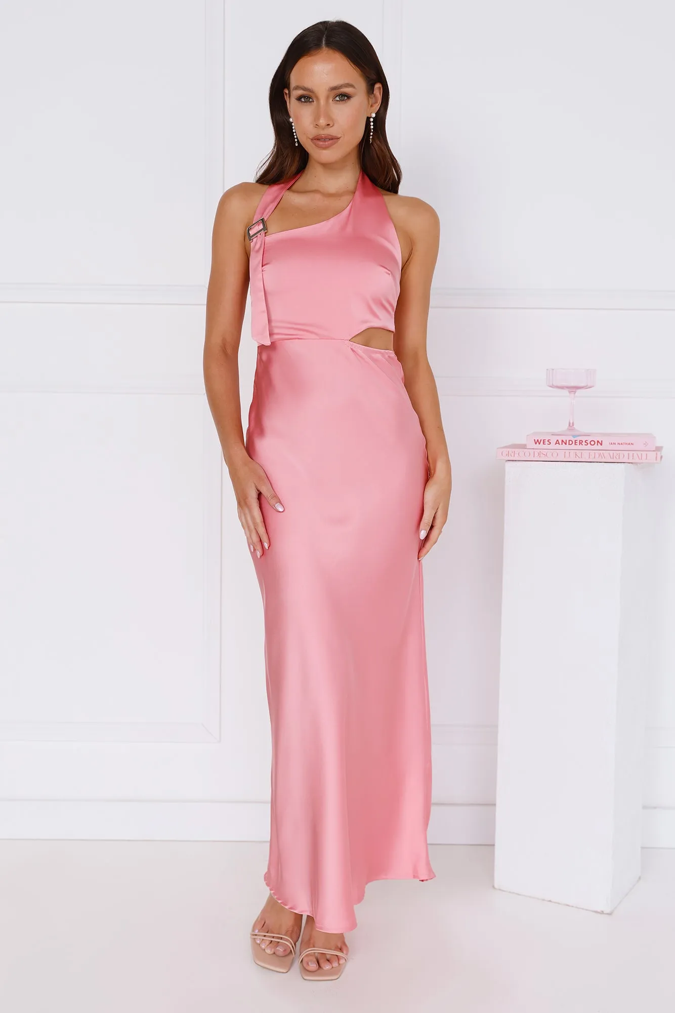 Love At Last Halter Satin Maxi Dress Pink sold by Hello Molly