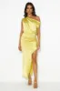Elite Girl Off Shoulder Satin Maxi Dress Yellow sold by Hello Molly