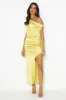Elite Girl Off Shoulder Satin Maxi Dress Yellow sold by Hello Molly