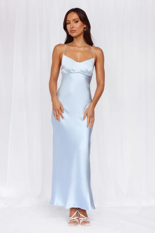 HELLO MOLLY The Samara Satin Maxi Dress Blue sold by Hello Molly