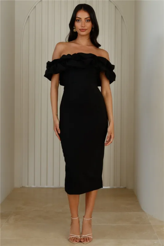 Idolise Off Shoulder Frill Midi Dress Black sold by Hello Molly