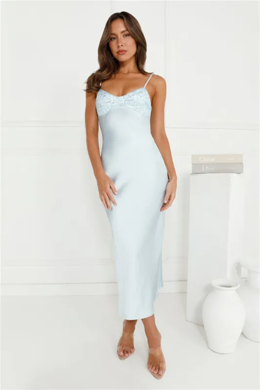 Tinsel Touch Satin Sequin Maxi Dress Blue sold by Hello Molly