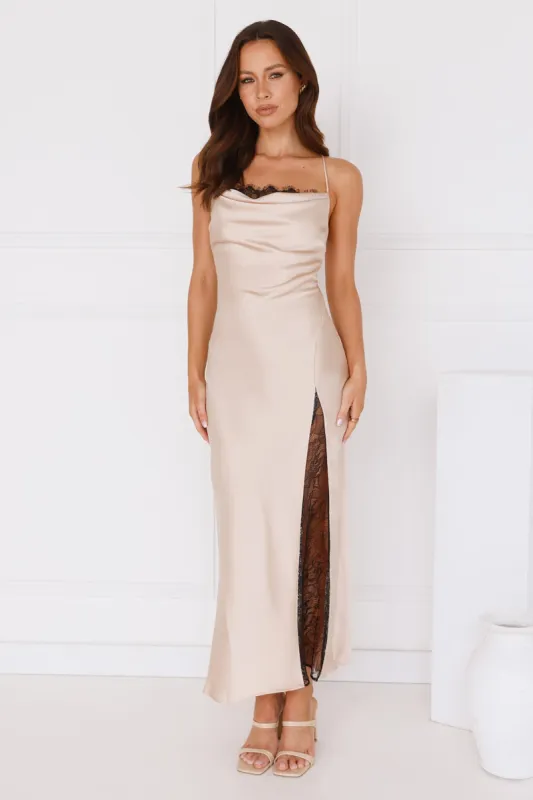 Moonbeam Sonata Satin Midi Dress Champagne sold by Hello Molly