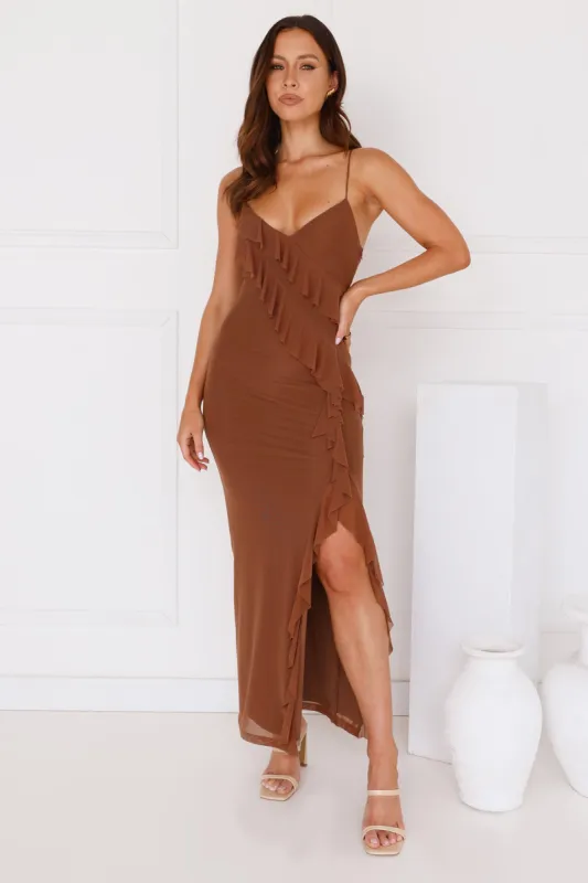 Flaunt It Girl Frill Mesh Maxi Dress Chocolate sold by Hello Molly