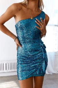 HELLO MOLLY Little Showstopper Sequin Dress Turquoise sold by Hello Molly