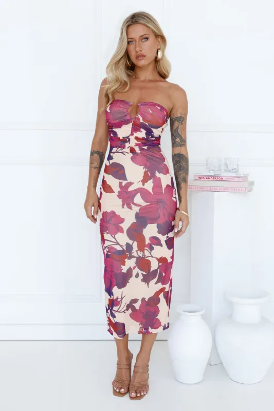 Chic Evenings Strapless Mesh Midi Dress Beige sold by Hello Molly