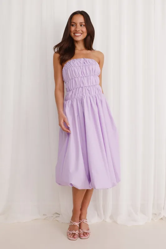 Stella Strapless Bubble Midi Dress Lilac sold by Hello Molly