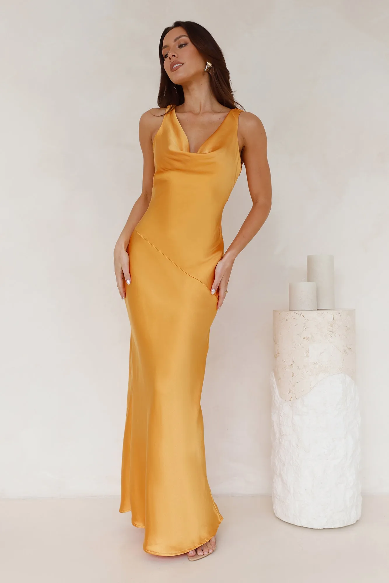 Seen For You Cowl Neck Satin Maxi Dress Orange sold by Hello Molly product image thumbnail 4