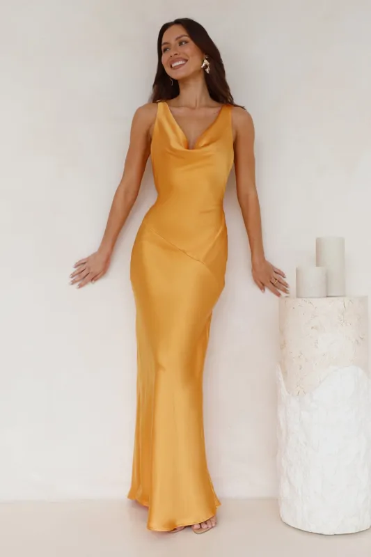 Seen For You Cowl Neck Satin Maxi Dress Orange sold by Hello Molly