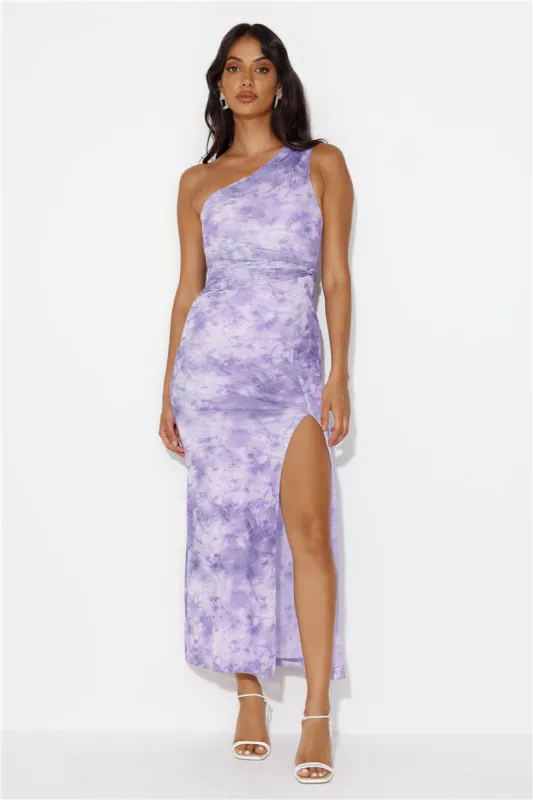 Make A Commotion One Shoulder Mesh Maxi Dress Purple sold by Hello Molly