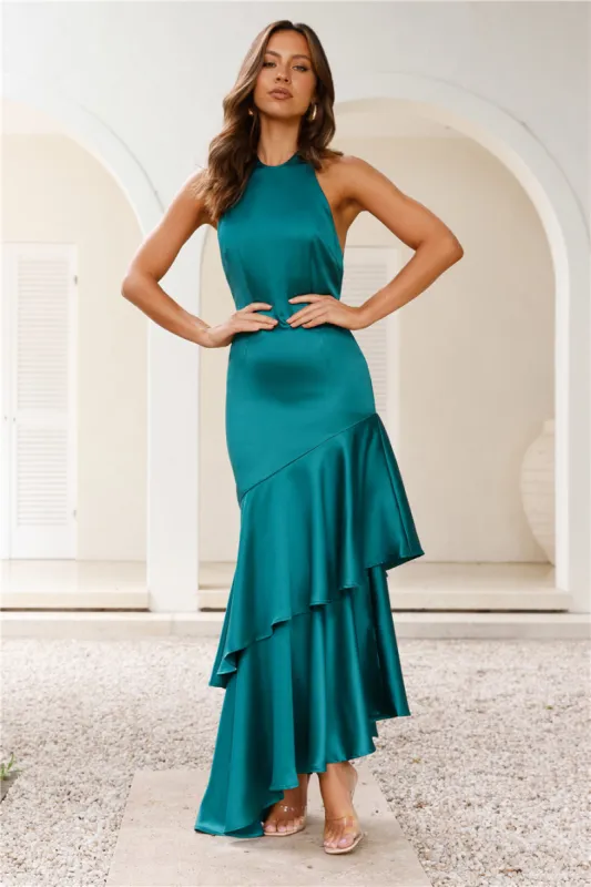 DEAR EMILIA Natural Confidence Satin Maxi Dress Forest Green sold by Hello Molly