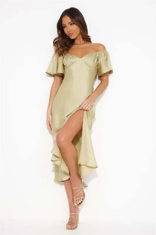 Romance In The Air Satin Midi Dress Matcha sold by Hello Molly