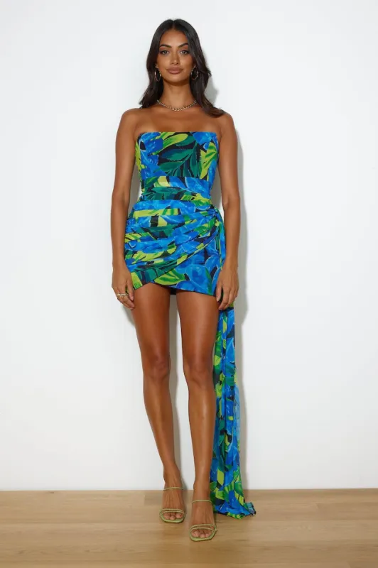 RUNAWAY Paradise Mini Dress Blue Floral sold by Hello Molly