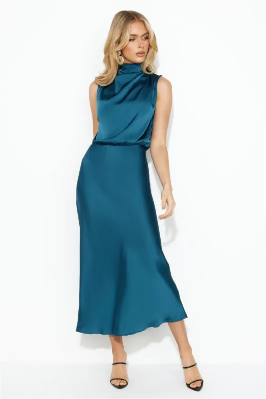 Confidence High Satin Midi Dress Teal sold by Hello Molly