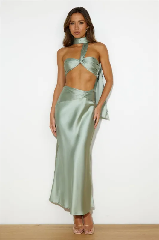 Ideal Vision Satin Maxi Skirt Sage sold by Hello Molly