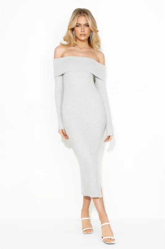 Winter Ice Ribbed Off Shoulder Midi Dress Grey sold by Hello Molly