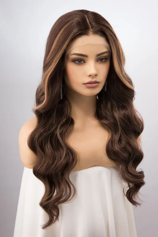Natural Brown with Dark Blonde Highlight Balayage Lace Wig Middle Part Madeline sold by Her Wig Closet